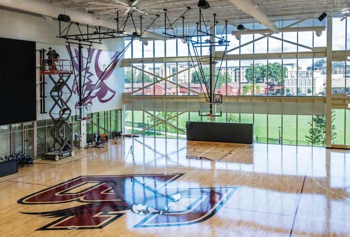 Photo from a catwalk of the new Hoag Pavilion practice basketball court